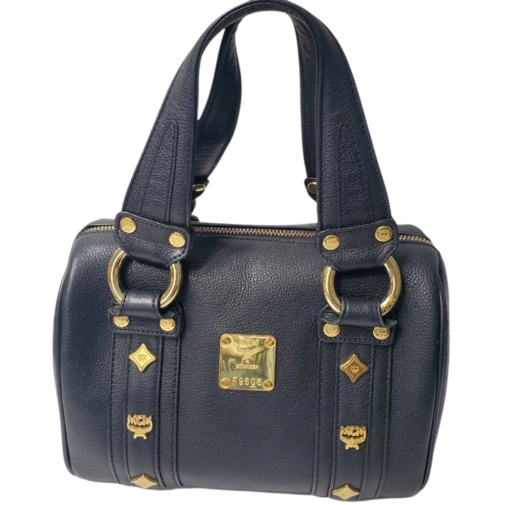 MCM Grained Calfskin Studded Boston Handbag
